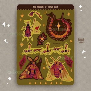 May include: A sticker sheet with various bug illustrations in shades of brown, orange, and yellow. The sheet includes images of ants, moths, and a centipede, with the text "bug kingdom * sticker sheet" at the top.