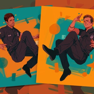 Puede incluir: Dos ilustraciones de una persona con uniforme de policía. La persona está sentada con las piernas cruzadas y los brazos extendidos. El fondo es una mezcla de formas geométricas amarillas, azules y naranjas.