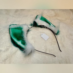 Orejas de gato verde ftalo y blanco para cosplay, moda, festival peludo