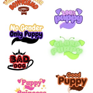 Puede incluir: Una colección de diseños gráficos coloridos con texto relacionado con cachorros. Los diseños incluyen "Golden Retriever Boyfriend", "100% Puppy", "No Gender Only Puppy", "Bad Dog", "Glory Puppy", "Puppy Princess" y "Good Puppy".