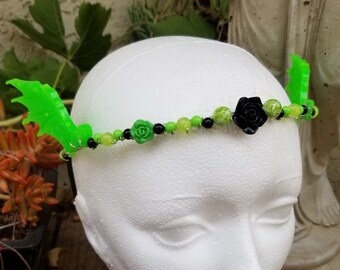 Bat Wings Tiara - Kawaii Magical Girl Cosplay Crown - Devil Halloween Costume Jewelry - Green Demon Wing Cosplay Headpiece Anime Crown Glow