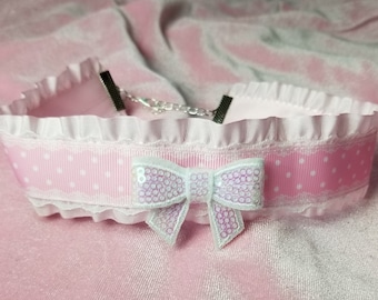 Pink Lolita Choker- Lace Choker Lolita Accessories Pink Coord- Pastel Goth Kawaii Collar- Bimbo Bow Necklace CGL DDLG