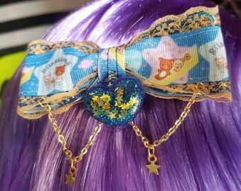 Space Rilakkuma Hair Bow Barrette Chain and Heart - Sweet Lolita Fairy Kei San-x Kawaii Menhera EGL Elegant Gothic Lolita Hairbow Hair Clip