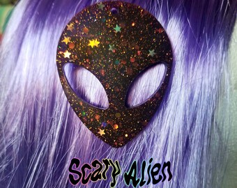 Giant Alien Barrette Pack- Halloween Space E Girl Barrettes- Yami Kawaii Hair Clips- Glitter Resin Barrettes Set