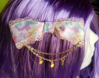 Pastel Macaroon Hair Bow Barrette Chain and Stars - Sweet Lolita Fairy Kei Yami Kawaii Menhera EGL Elegant Gothic Lolita - Hairbow Hair Clip