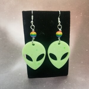 Green Alien Earrings - Glow in the Dark - Rainbow UFO Resin Jewelry - Dangle LGBTQ Pride Earrings - Stoner Gift LGBT Rainbow Jewelry Aliens