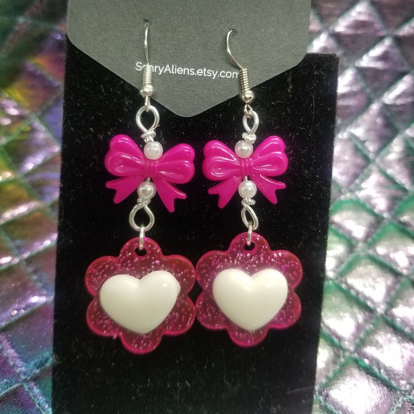 Hot Pink Heart Earrings- Bimbo Jewelry Kidcore Earrings - Decora Earrings Harajuku