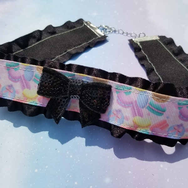 Rainbow Macaroon Lolita Ribbon Choker - CGL Necklace Black Pink Pastel Goth - Bow EGL Ruffle Collar - Lolita Kawaii DDLG Fairy Kei Jfashion