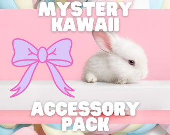 May include: A pink and white background with the text "MYSTERY KAWAII ACCESSORY PACK" in white. A white rabbit sits on a white surface. A purple bow is on the left side of the image.