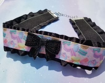 Rainbow Macaroon Lolita Ribbon Choker - CGL Necklace Black Pink Pastel Goth - Bow EGL Ruffle Collar - Lolita Kawaii DDLG Fairy Kei Jfashion