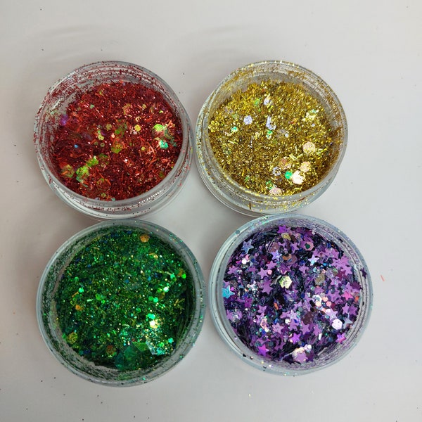 Christmas Holiday Glitter Mix Set- Cosmetic Glitter Mix- Xmas Glitter Mix- Winter Rave Glitter- Red Green Elf Glitter Sparkles