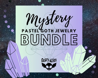 May include: A pastel purple and green crystal graphic with the text "Mystery Pastel Goth Jewelry Bundle" and the logo "Scary Alien" with a bat and alien head.