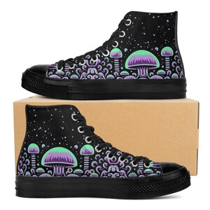 Trippy Mushroom Mens High Top Canvas Shoes- Psychedelic Rave Shoes- Festival Shoes- Psychonaut Hi Tops