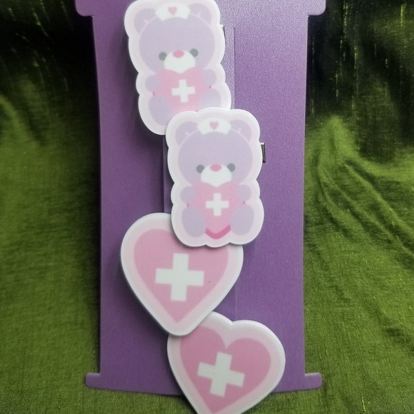 Yami Kawaii Lavender Bear Barrette Set- Lightweight Pastel Goth Barrettes- Menhera Jewelry- Pastel Goth Hair Clips- Yume Medical Heart