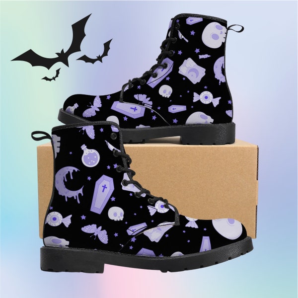 Lavender Pastel Goth Boots - Black Purple Occult Nu Goth Yami Kawaii Docs Boots Combat Boots Creepy Cute Skulls Coffin Vegan Leather