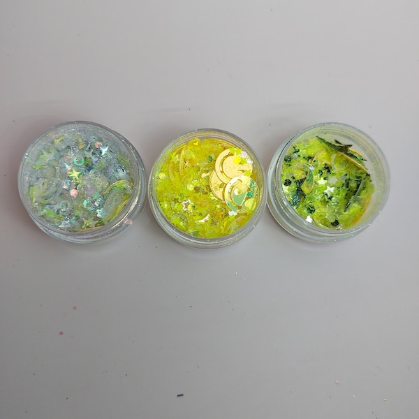 Smiley Face Chunky Glitter Set- Cosmetic Glitter Mix- Happy Face Glitter Mix- Neon Yellow Rave Glitter- Kawaii Glitter Sparkles