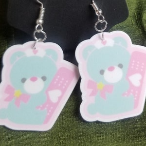 Yami Kawaii Mint Bear Earrings- Lightweight Pastel Goth Earrings- Menhera Jewelry- Pastel Goth Earrings- Yume Kawaii Medical