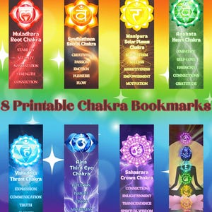 Peut inclure: Huit marque-pages de chakra imprimables au format JPG, PNG et PDF. Chaque marque-page présente un symbole de chakra différent avec son nom correspondant et ses qualités associées. Les marque-pages sont conçus avec des couleurs vives et des détails complexes.