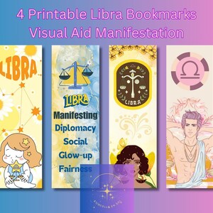 May include: Four printable Libra bookmarks with a visual aid manifestation theme. Each bookmark features Libra-related imagery, including scales, zodiac symbols, and illustrations of people. The bookmarks have a colorful design with text that reads "Libra".