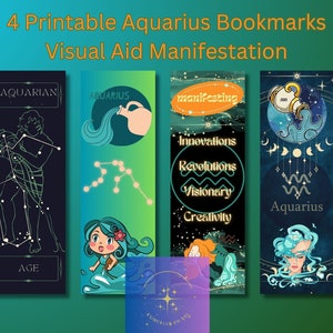 Peut inclure: Quatre marque-pages imprimables représentant le signe du zodiaque Verseau. Chaque marque-page a un design différent, y compris une constellation, une figure versant de l'eau et un personnage de dessin animé. Les marque-pages sont imprimés sur du papier blanc avec un fond bleu et vert.