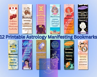 12 Printable Zodiac Sign Bookmarks | Manifesting Energy | Instant Digital Download Set | Affirmations | Print and Cut Bundle