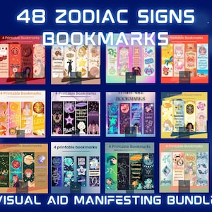 Peut inclure: Ensemble de 48 marque-pages des signes du zodiaque, chacun avec des illustrations et du texte uniques. Les marque-pages sont disposés en grille, avec les mots "48 ZODIAC SIGNS BOOKMARKS" et "VISUAL AID MANIFESTING BUNDLE".