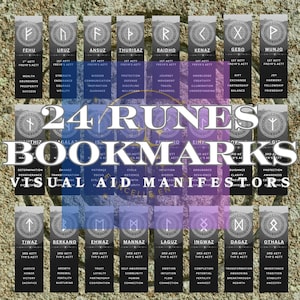Peut inclure: Ensemble de 24 marque-pages runiques gris et violets. Chaque marque-page présente un symbole runique et ses significations associées. Le texte "24 Runes Bookmarks Visual Aid Manifestors" est affiché.