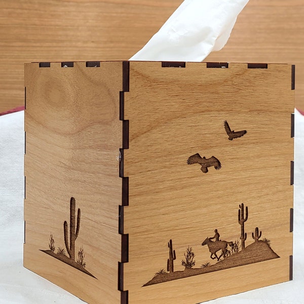 Laser Engraved Wood Tissue Box Cover: Rustic Square Holder