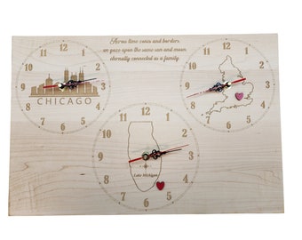 Personalized Triple Time Zone Clock: Laser Engraved Hardwood Wall Decor
