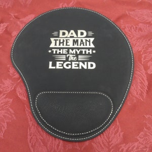 Fathers Day Mouse Pad with wrist support. Black leatherette, lasers to gold images/lettering.