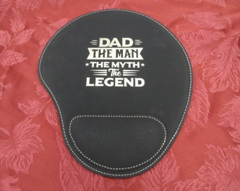 Fathers Day Mouse Pad with wrist support. Black leatherette, lasers to gold images/lettering.