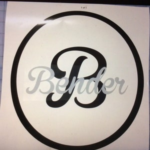 May include: A black and white circle with a black letter "B" in the center and the word "Bender" written in a cursive font below the letter.