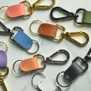 Op de afbeelding: Assortiment van kleurrijke leren sleutelhangers met verschillende gekleurde metalen sluitingen en ringen. De sleutelhangers zijn gemaakt van leer en hebben een verscheidenheid aan kleuren, waaronder paars, blauw, oranje, bruin, groen en roze.