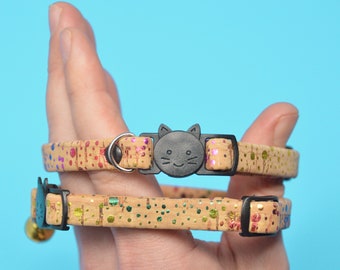 Adjustable Vegan Breakaway Rainbow Cork Cord Cat Collar With Bell, Kitten Collar, Quick Release Collar, Eco Friendly Cat Collar, Cute Collar