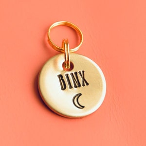 Pode incluir: Uma etiqueta de metal dourada para animais de estimação com o nome "BINX" e uma lua crescente gravada em um fundo rosa coral.