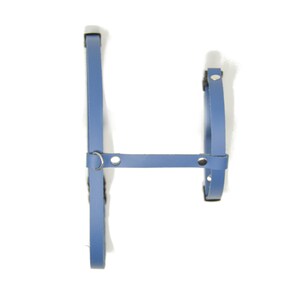 May include: A blue leather dog harness with a metal ring and adjustable straps.