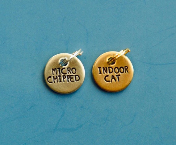 Indoor Cat Tag, Microchipped Tag, Small Pet Tag, Micro Chipped, Cat Collar Add On, Cat Charm, Cat ID Tag,Personalized Pet Tag, Cat Pendant