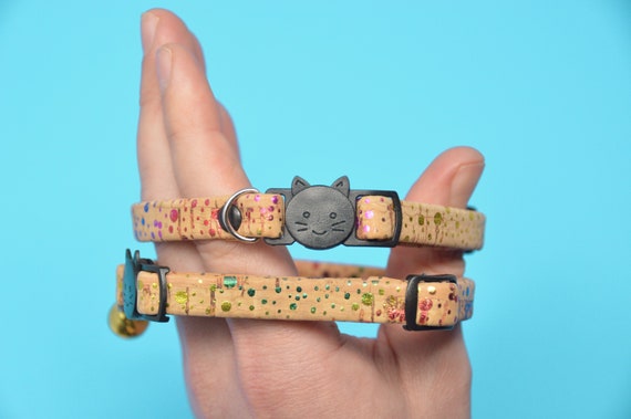 Adjustable Vegan Breakaway Rainbow Cork Cord Cat Collar With Bell, Kitten Collar, Quick Release Collar, Eco Friendly Cat Collar, Cute Collar