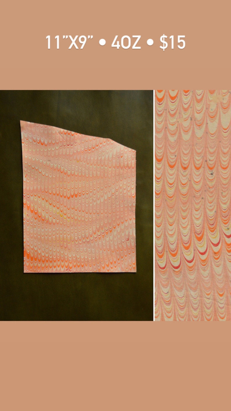 Marmorerad läderpanel, marmorerat läder, fullnarvsläder, färgglatt läder, läderpaneler, pappersmarmorering, vattenmarmorering, dekoration, tie-dye Orange/White