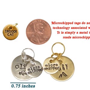 May include: A collection of pet ID tags in gold and silver tones. The tags are round and feature text like "MICRO CHIPPED", "INDOOR CAT", and names. One tag is 0.5 inches, and another is 0.75 inches. A penny is also shown.