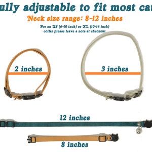K&ouml;nnte beinhalten: Drei Katzenhalsb&auml;nder in verschiedenen Farben und Gr&ouml;&szlig;en. Die Halsb&auml;nder sind verstellbar und haben einen Umfang von 8-12 Zoll. Der Text "Neck size range: 8-12 inches" wird &uuml;ber den Halsb&auml;ndern angezeigt. Der Text "For an XS (6-10 inch) or XL (10-14 inch) collar please leave a note at checkout" wird unter den Halsb&auml;ndern angezeigt.