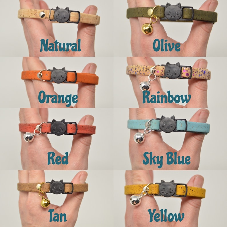 K&ouml;nnte beinhalten: Ein Set aus zehn Katzenhalsb&auml;ndern aus Kork mit einer Glocke und einem Katzenanh&auml;nger. Die Halsb&auml;nder sind in verschiedenen Farben erh&auml;ltlich, darunter Natur, Oliv, Orange, Regenbogen, Rot, Himmelblau, Braun und Gelb.