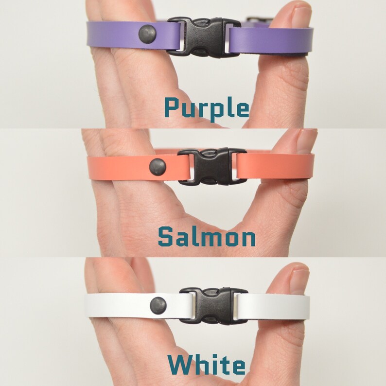 May include: Three adjustable silicone wristbands in purple, salmon, and white with a black buckle.