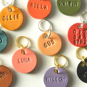 May include: Nine leather dog tags with metal rings. The tags are in various colors, including green, brown, red, orange, pink, black, and purple. The tags are personalized with names, including Ollie, Milo, Bella, Walter, Gus, Luna, Gary, Willow, and Mochi.