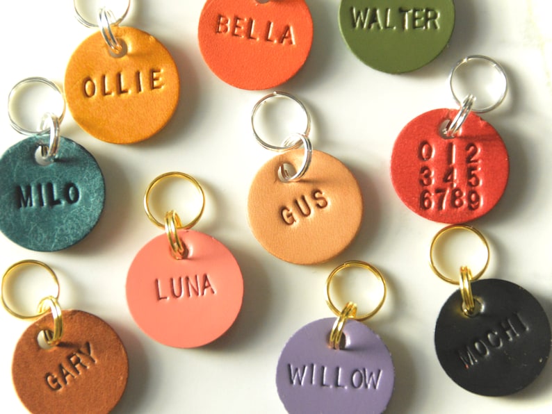 May include: Nine leather dog tags with metal rings. The tags are in various colors, including green, brown, red, orange, pink, black, and purple. The tags are personalized with names, including Ollie, Milo, Bella, Walter, Gus, Luna, Gary, Willow, and Mochi.