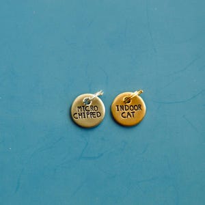 May include: Two round metal tags with key rings. The tag on the left is silver and says "MICRO CHIPPED". The tag on the right is gold and says "INDOOR CAT".