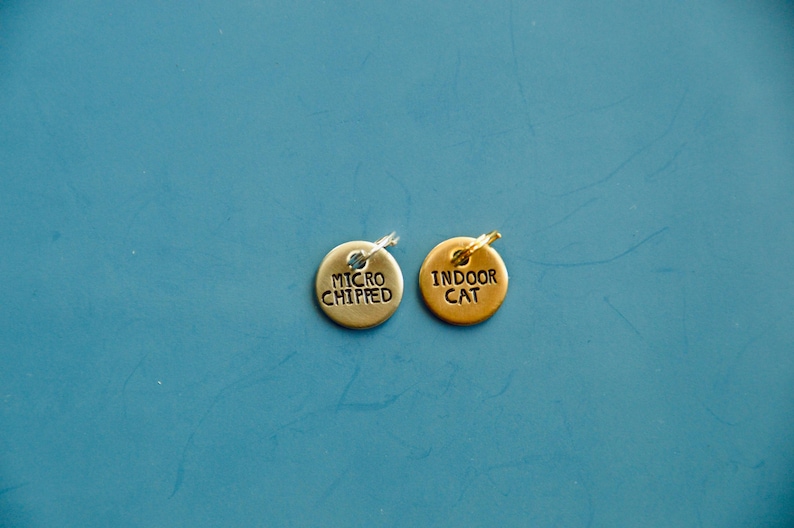 May include: Two round metal tags with key rings. The tag on the left is silver and says "MICRO CHIPPED". The tag on the right is gold and says "INDOOR CAT".
