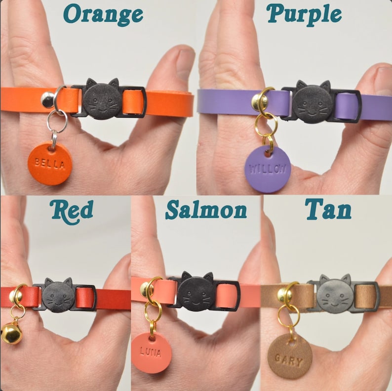 May include: Six different colored cat collars with a cat-shaped buckle and a metal ring for a tag. The collars are orange, purple, red, salmon, tan, and brown. Each collar has a different name tag attached to it: Bella, Willow, Luna, Gary.