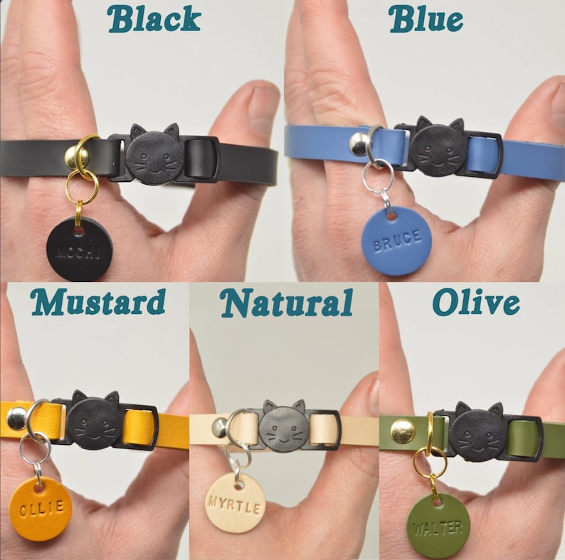 May include: Five leather cat collars in different colors: black, blue, mustard yellow, natural, and olive green. Each collar has a black cat face buckle and a round leather tag with a name on it. The names are "Mocha", "Bruce", "Ollie", "Myrtle", and "Walter".