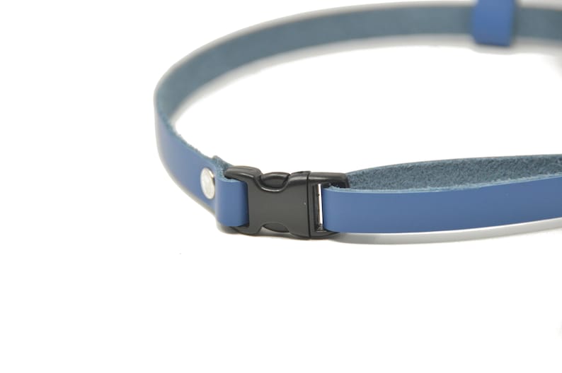 May include: A blue leather camera strap with a black plastic buckle.